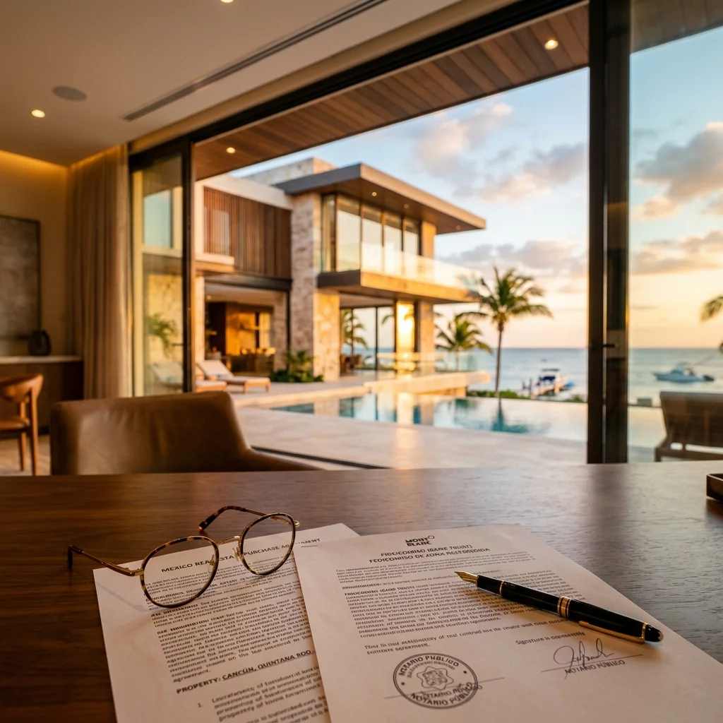 Cinematic luxury property in Cancun with elegant legal real estate bank trust Fideicomiso documents